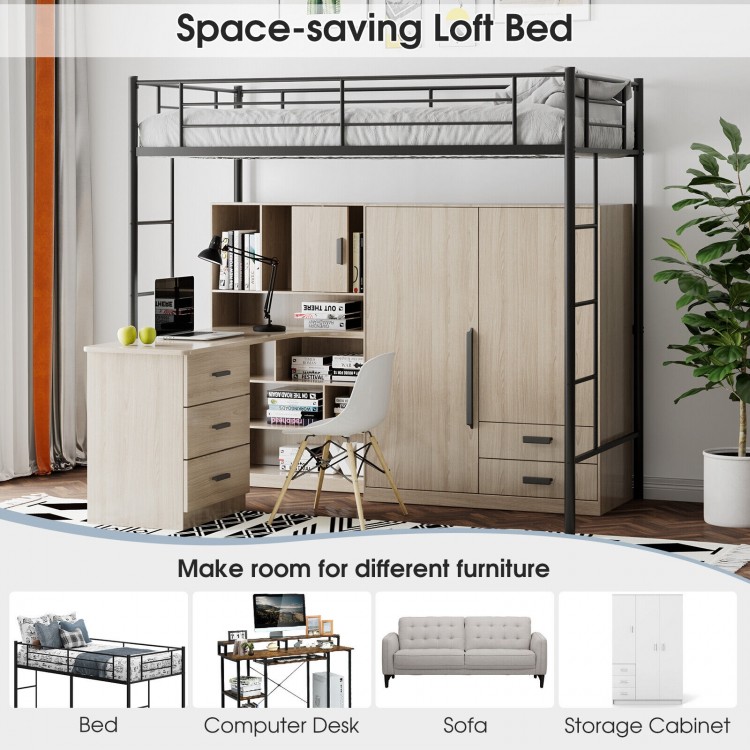 Twin Size Space-saving Metal Loft Bed with Full-Length Guardrail and 2 Ladders