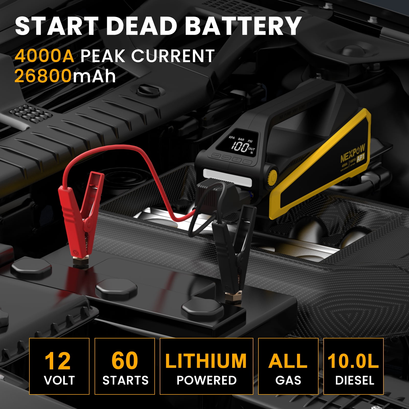 NEXPOW 4000A Jump Starter & Air Compressor, 150 PSI Digital Tire Inflator for All Gas/10L Diesel Vehicles