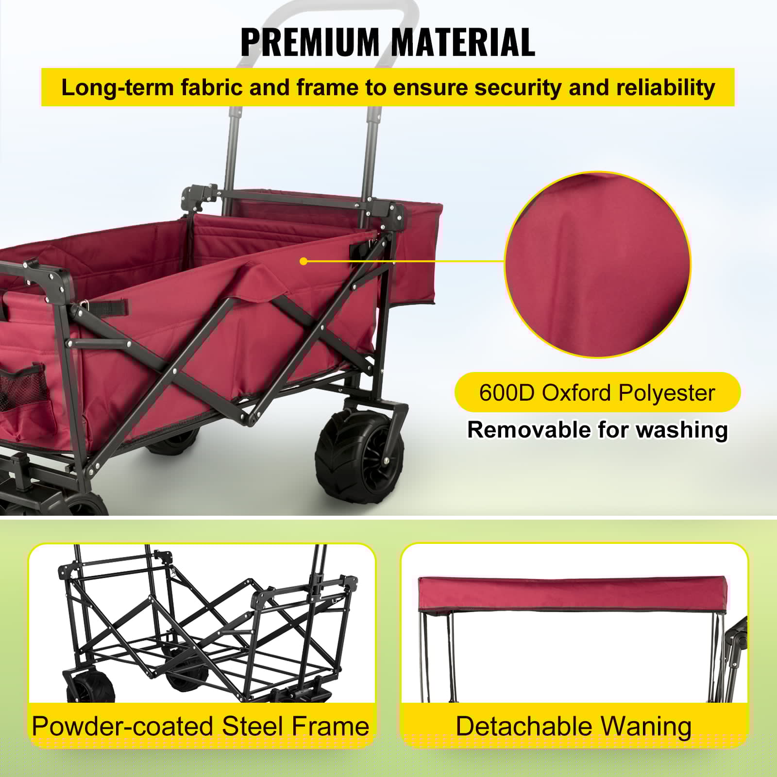 VEVORbrand Red Collapsible Wagon Cart with Canopy, 360° Wheels, Adjustable Handles, 220 lbs Capacity for Beach & Garden