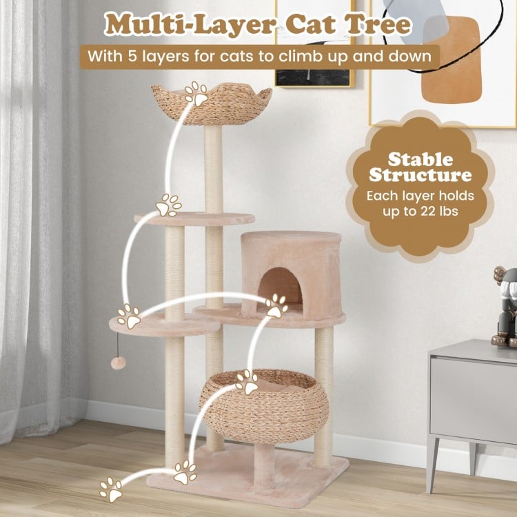 59 Inches Cattail Cat Tower with Sisal Scratching Posts and Soft Hammock