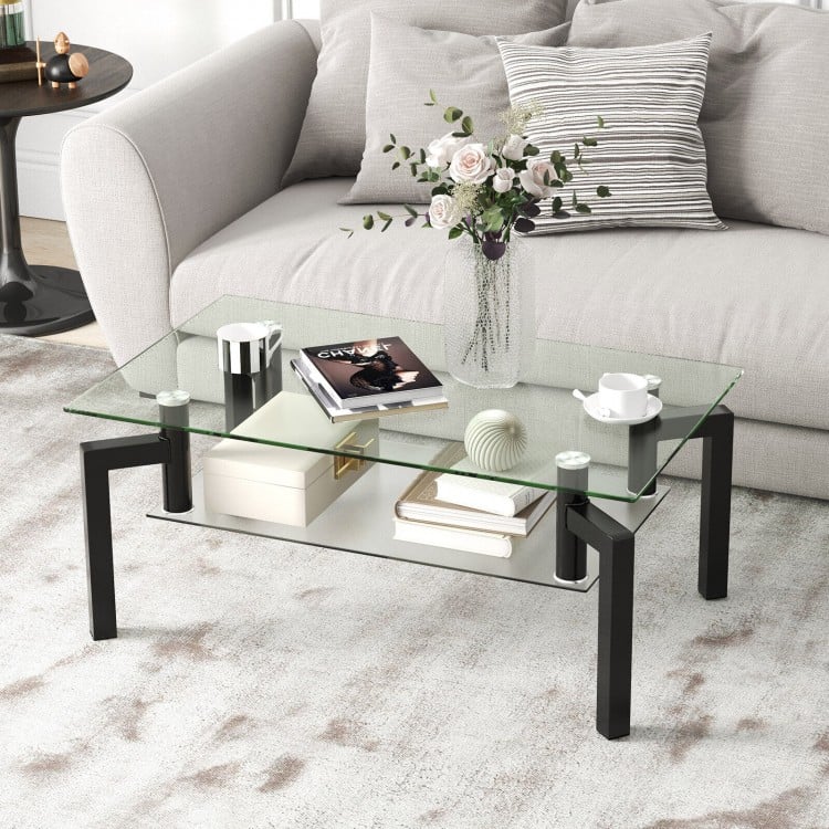 2-Tier Rectangular Glass Coffee Table with Metal Tube Legs