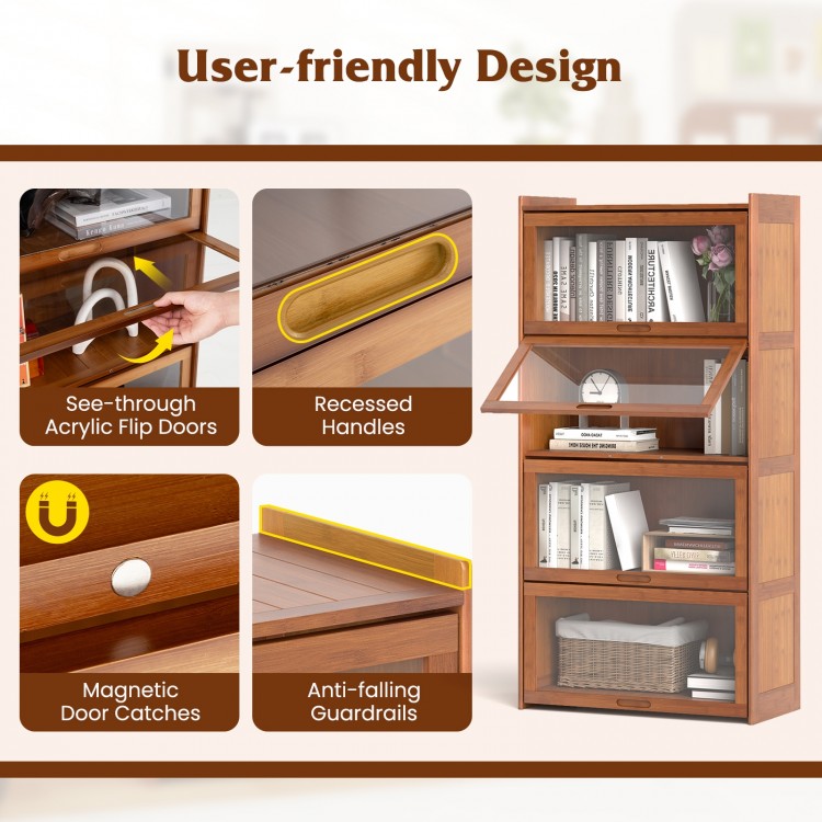 4-Tier Bamboo Bookcase with Doors for Study Room Living Room