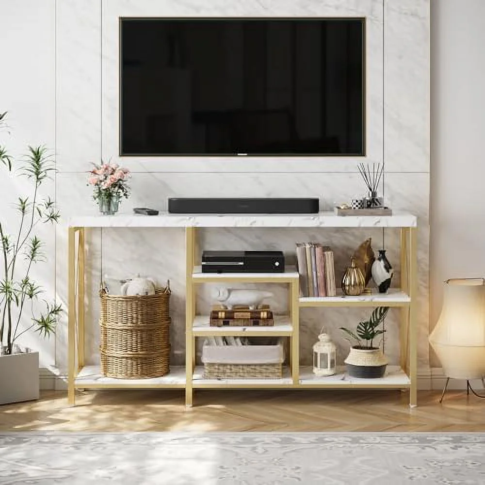 WTYNKAE 55′′ Dark Brown Entryway Console Table with Shelves – Farmhouse Style for Living Room