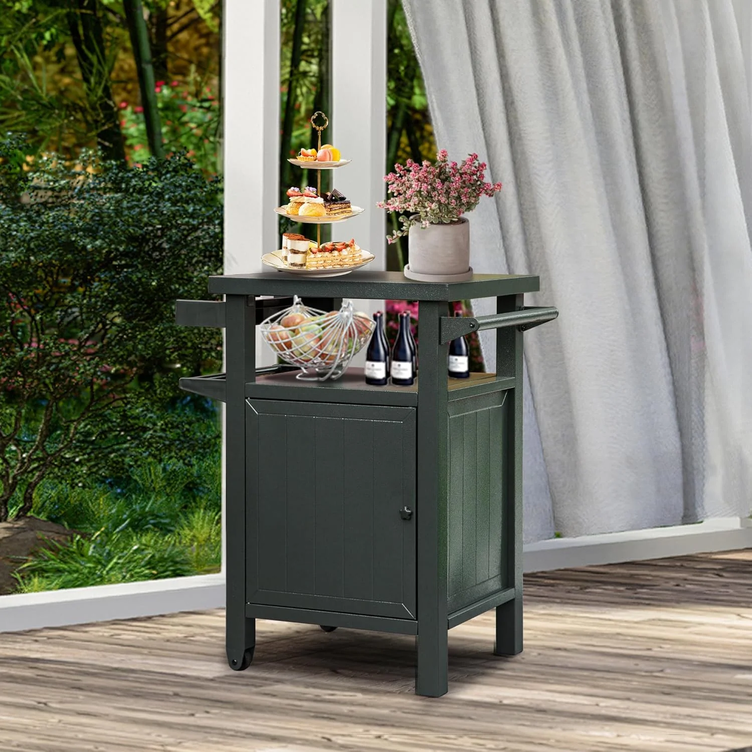 Heavy Duty Galvanized Steel Outdoor Storage Cabinet with Wheels – XL BBQ Grill Table, 57 Gallon Capacity, Brown & Grey