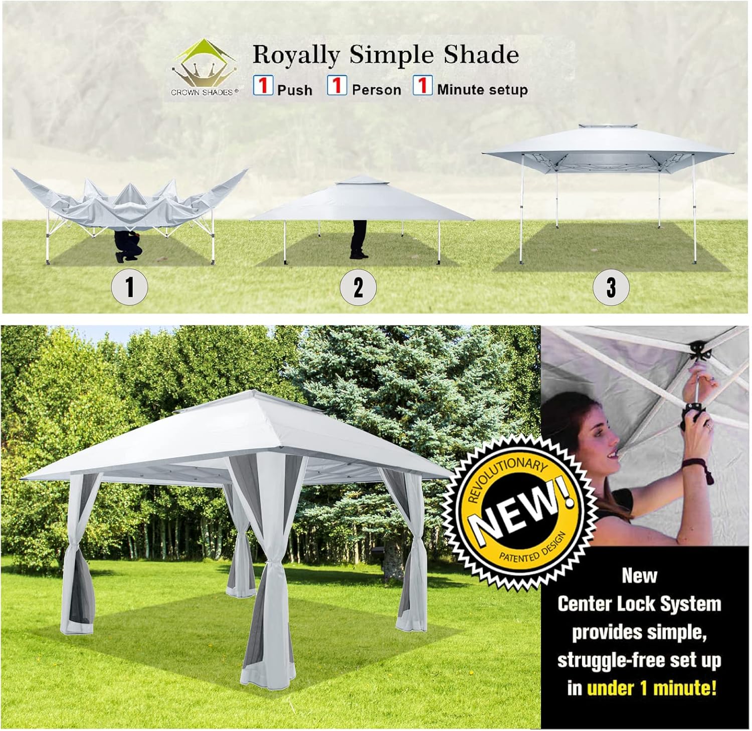CROWN SHADES 13x13 Pop Up Gazebo, Canopy Tent, Gazebos on Clearance - Outdoor Gazebo for Backyard & Patio Furniture - Carpa Pop Up Tent with Wheeled STO-N-Go Cover Bag (White)