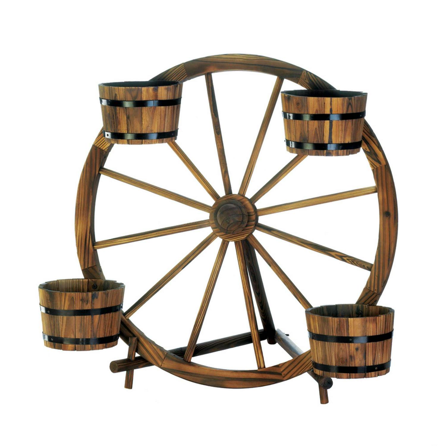 Zingz & Thingz Wagon Wheel Barrel Planter, Brown/Black, Fir Wood, Indoor/Outdoor Display