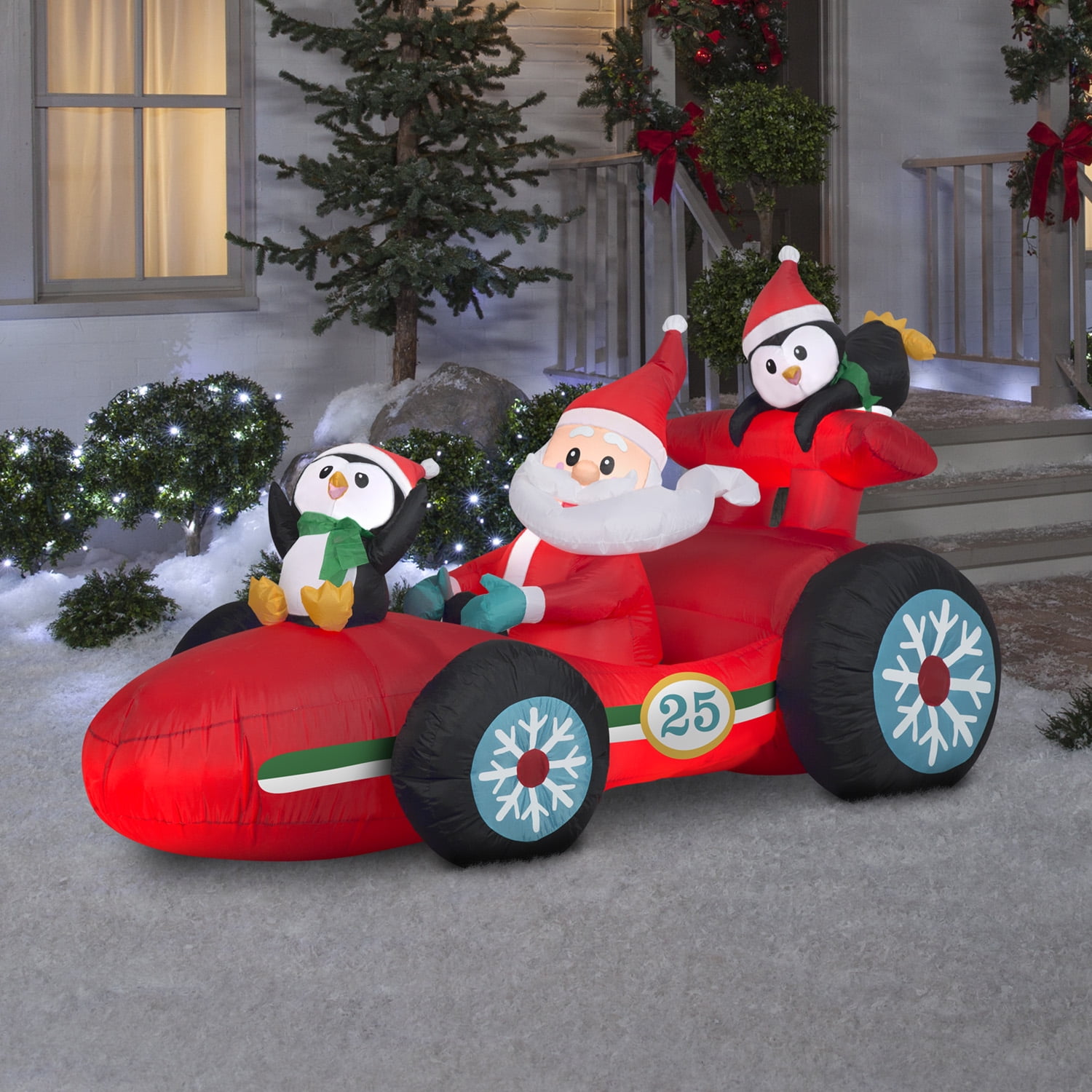 Gemmy 4ft Christmas Inflatable Santa Racecar with Penguins, LED Lights, Outdoor Decor