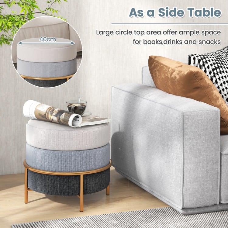 Upholstered Linen Fabric Ottoman with Gold Metal Legs and Anti-slip Foot Pads