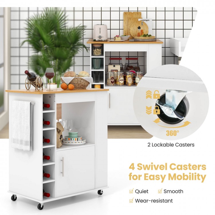 Kitchen Cart on Wheels with Bamboo Top and 6-Bottle Wine Rack