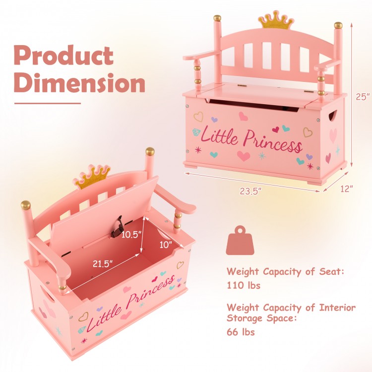 2-In-1 Kids Princess Wooden Toy Box with Safe Hinged Lid