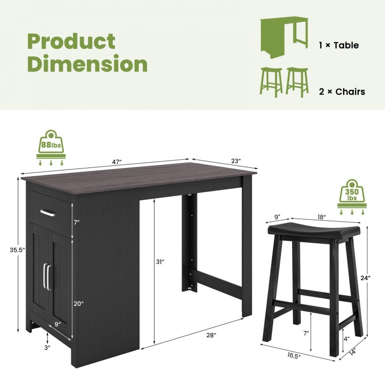 3-Piece Bar Table Set for 2 with 2 Saddle Stools for Dining Room