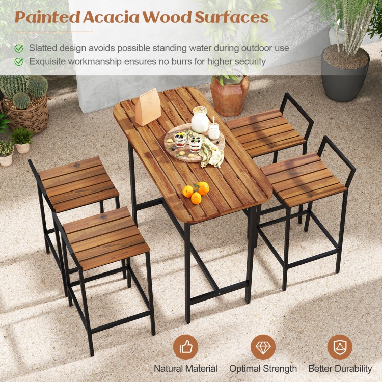 5 Piece Acacia Wood Bar Table Set Bar Height Table and Chairs with Metal Frame and Footrest