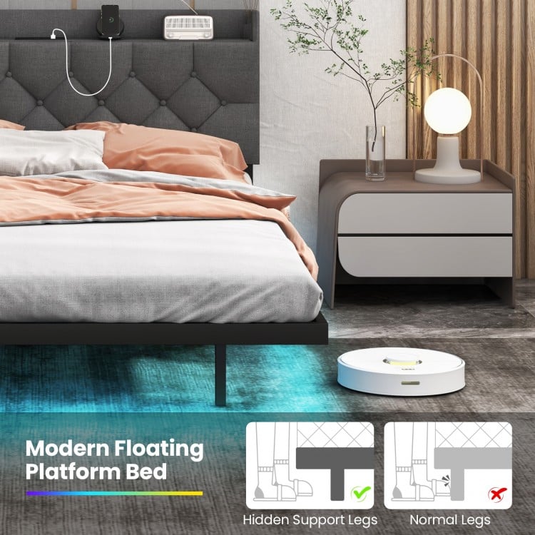 Full/Queen Size Floating Bed Frame with LED and Headboard and Charging Station