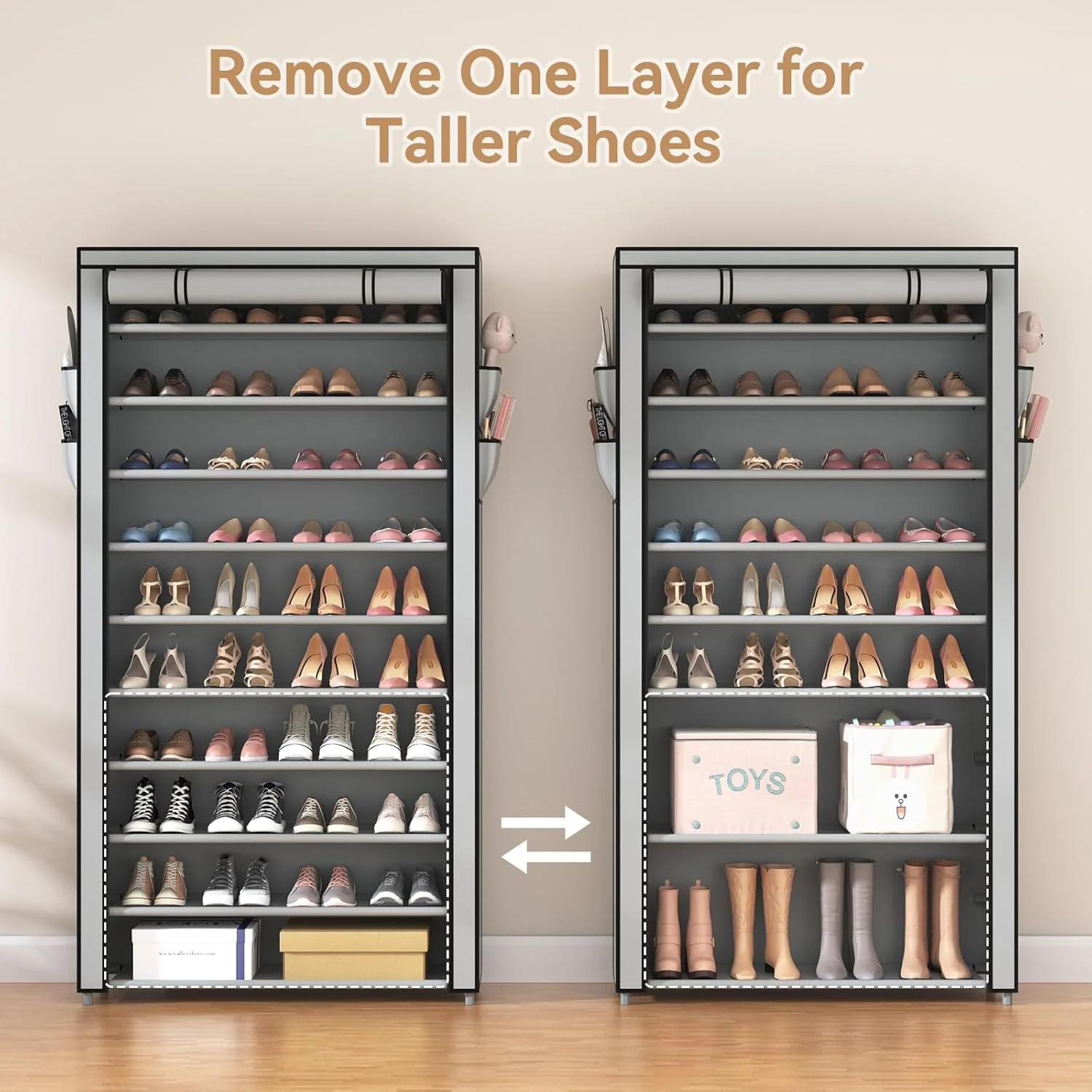 ROJASOP 10 Tier Shoe Rack with Covers,Large Capacity Stackable Tall Shoe Shelf Storage to 50-55 Pairs Shoes and Boots Sturdy Metal Free Standing Shoe Rack Organizer for Closet Entryway Garage