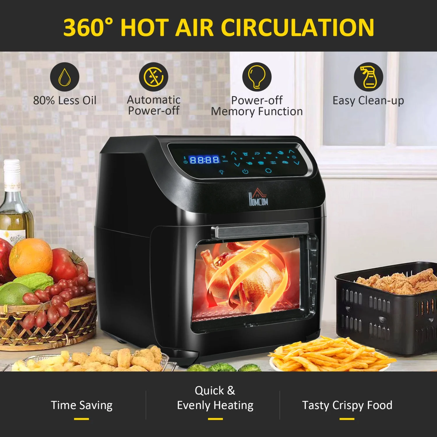 GFVCNIO 12QT Air Fryer Oven Combo, 8-in-1, 1700W, LED Display, Black, Includes Accessories