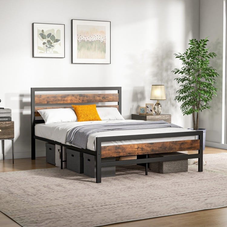 Full/Queen Industrial Bed Frame with Rustic Headboard and Footboard