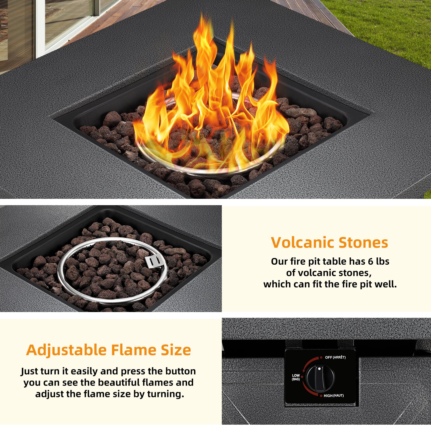 R.W.FLAME 28′′ Propane Fire Pit Table, 40,000 BTU, Multi-Function with Glass Cover, ETL & CSA Certified