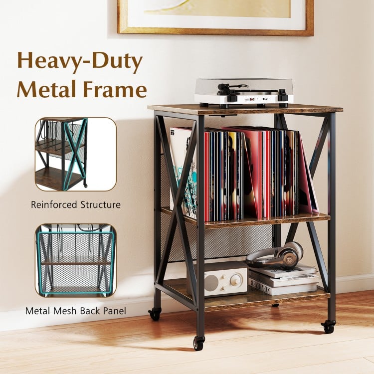 3-Tier Record Player Stand with Charging Station and Adjustable Shelf