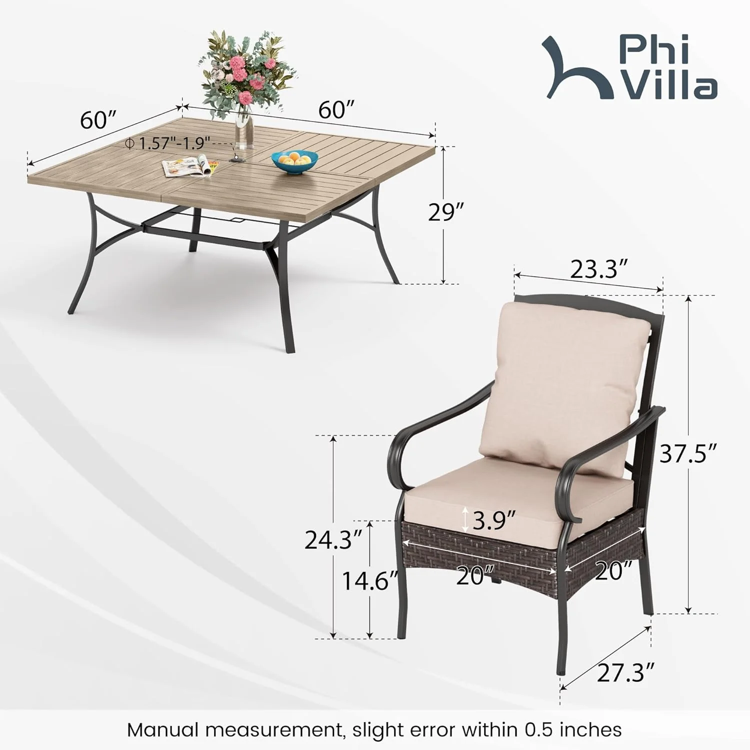 PHI VILLA 6-Piece Outdoor Dining Sets, All-Weather Patio Table and Chairs Set with Umbrella for 4, Heavy Duty Patio Round Table Set for Deck, 4 Extra Large Outdoor Swivel Chairs with Thick Cushions