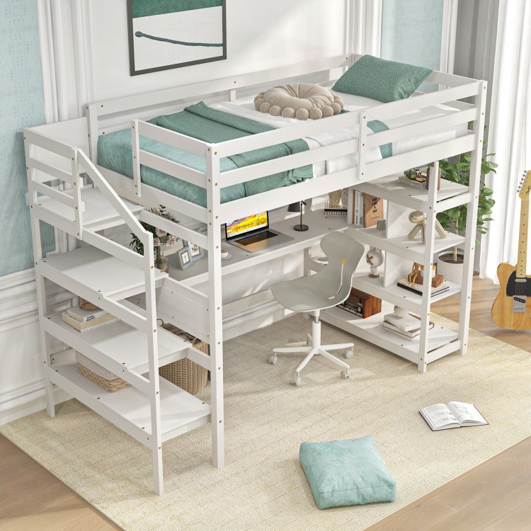 Twin Size Loft Bed with Desk and Storage Stairs Loft Bed Frame with Shelves and Safety Guardrails