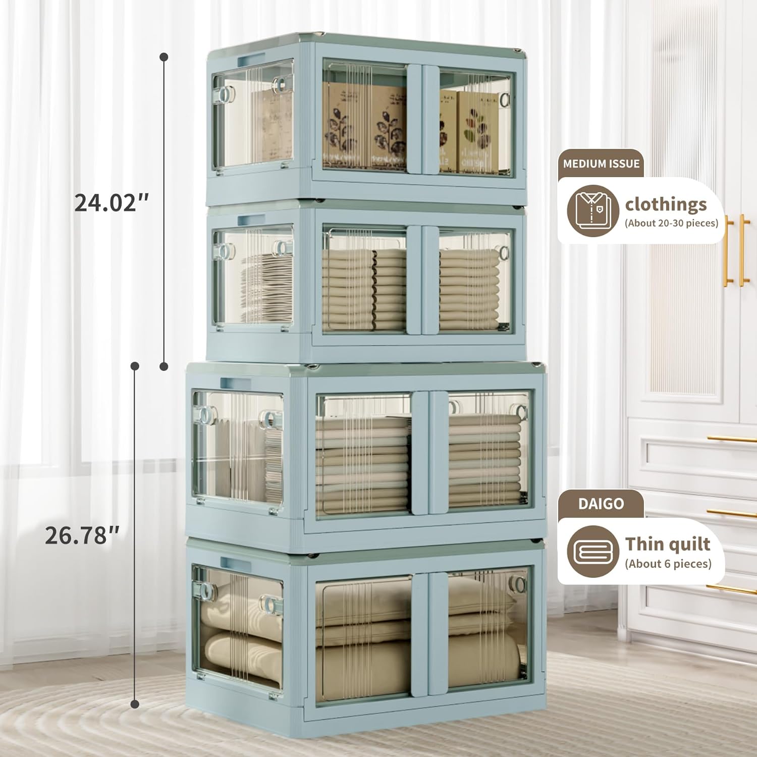 Moorehl 14.5 Gallon Blue Foldable Storage Bins with Lids, Stackable & Collapsible, 6 Pack