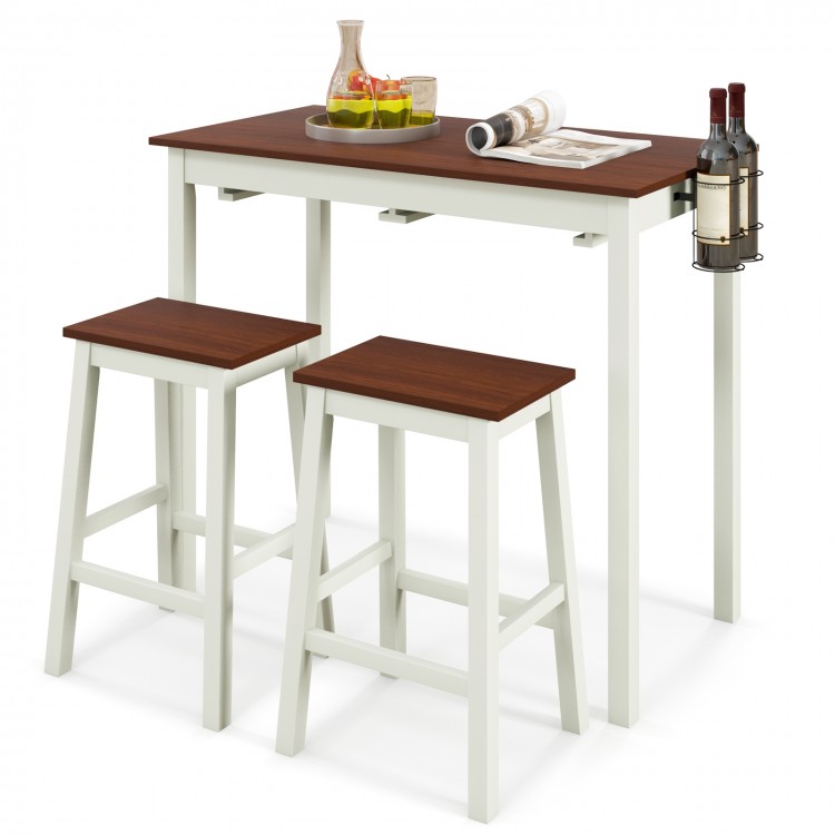 3-Piece Bar Table Set with 2 Wine Holders and Wooden Legs