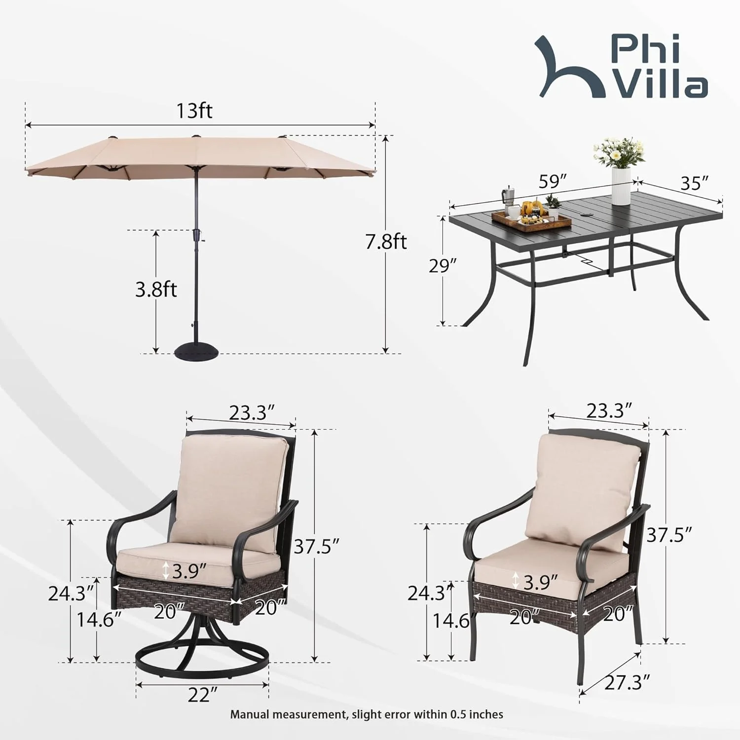 PHI VILLA 6-Piece Outdoor Dining Sets, All-Weather Patio Table and Chairs Set with Umbrella for 4, Heavy Duty Patio Round Table Set for Deck, 4 Extra Large Outdoor Swivel Chairs with Thick Cushions