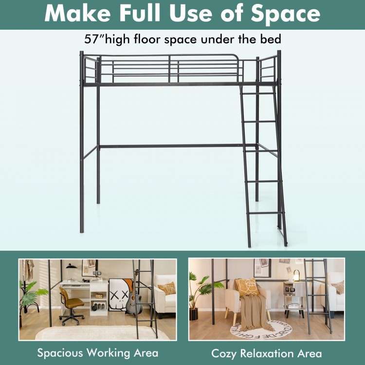 Twin Metal Loft Bed with Ladderand High Guard Rails