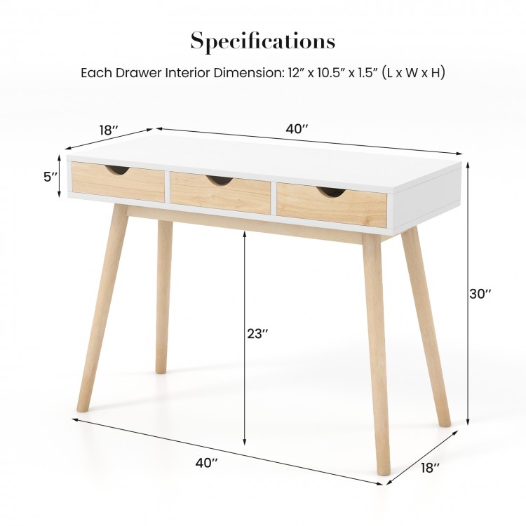 Computer Desk with 3 Drawers and Solid Rubber Wood Legs for Home Office