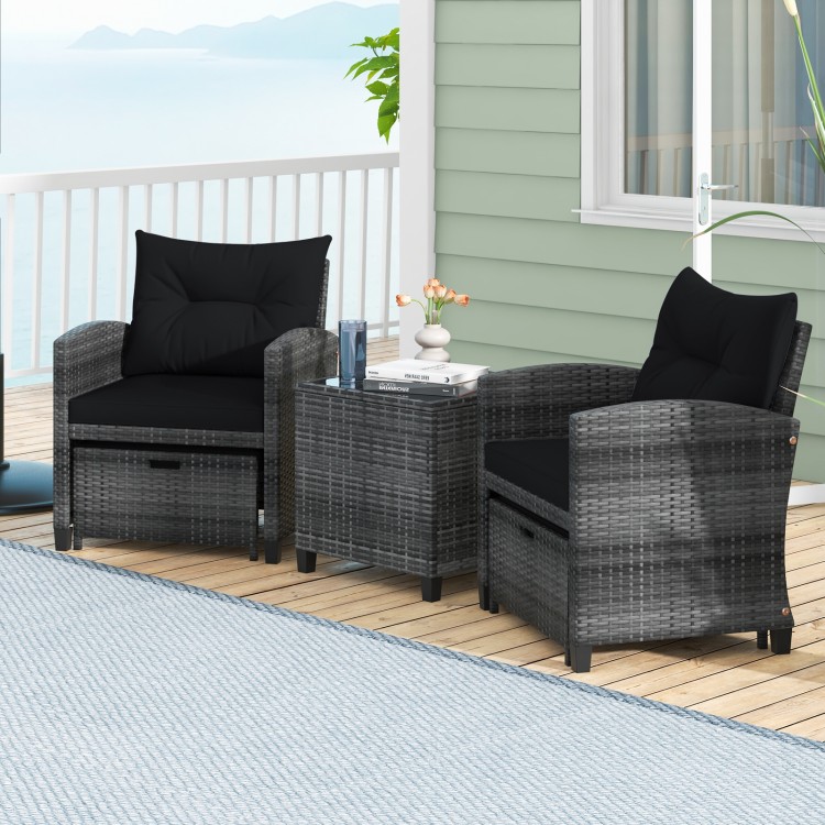 5 Piece Patio Rattan Furniture with 2 Ottomans and Tempered Glass Coffee Table