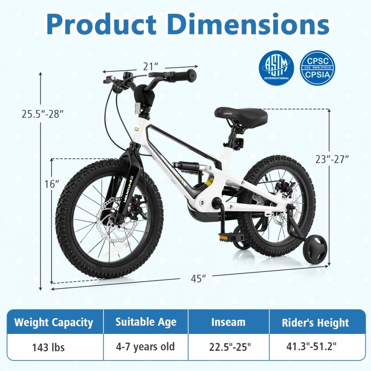 16 Inch Kids Bike Magnesium Alloy Bicycle Adjustable for Aged 4 to 7