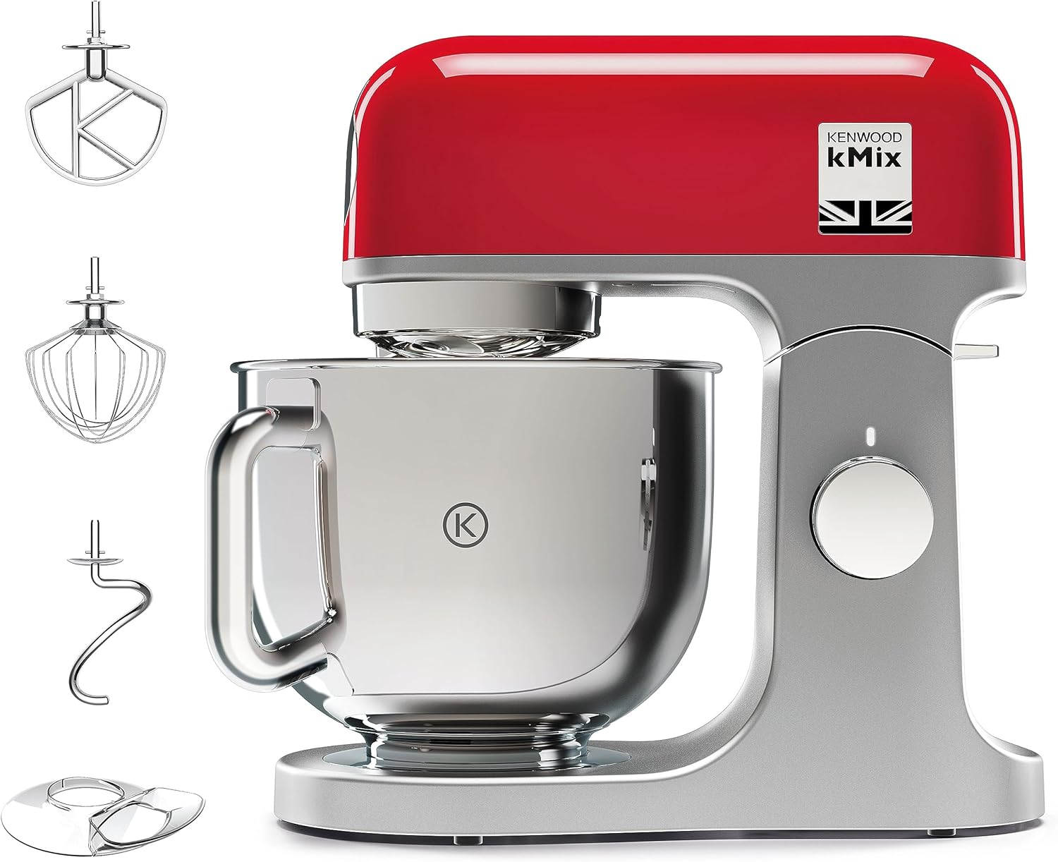 Kenwood kMix KMX750RD foodprocessor, 5 l skål i rustfrit stål, sikker use sikkerhedssystem, metalhus, 1000 watt, inkl. 3-delt patisseriesæt og stænkskærm, rød