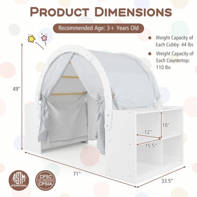 Wooden Kids Play Tent with Curtain Shades and 8 Cubbies