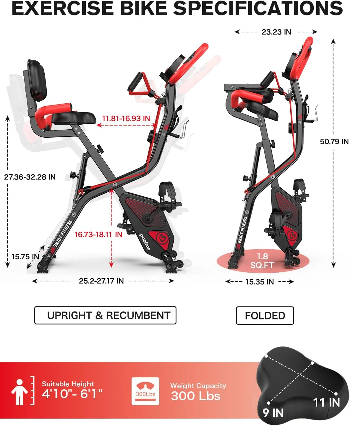 pooboo Folding Exercise Bike, Foldable Fitness Stationary Bike Machine, Upright Indoor Cycling Bike, Magnetic X-Bike with 8-Level Adjustable Resistance, Bottle Holder & Back Support Cushion for Home Gym Workout