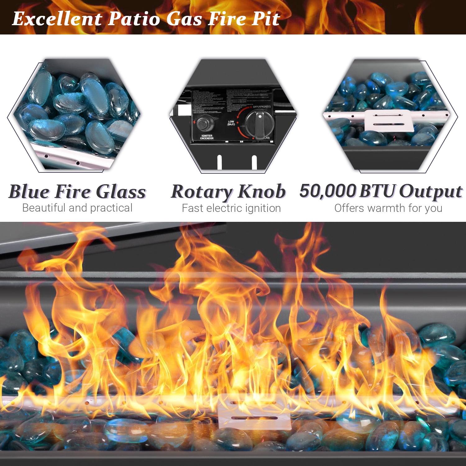 Vineego 43′′ Gas Fire Pit Table, 50,000 BTU, Black, Propane, Outdoor/Indoor, Auto-Ignition, Includes Blue Fire Glass & Cover