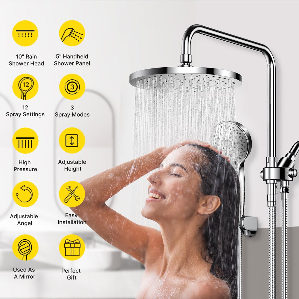 AmbiCasa Luxury Dual Shower Head Combo, 10′′ Rainfall & 5′′ Handheld High-Pressure, Chrome Finish, 12 Spray Settings