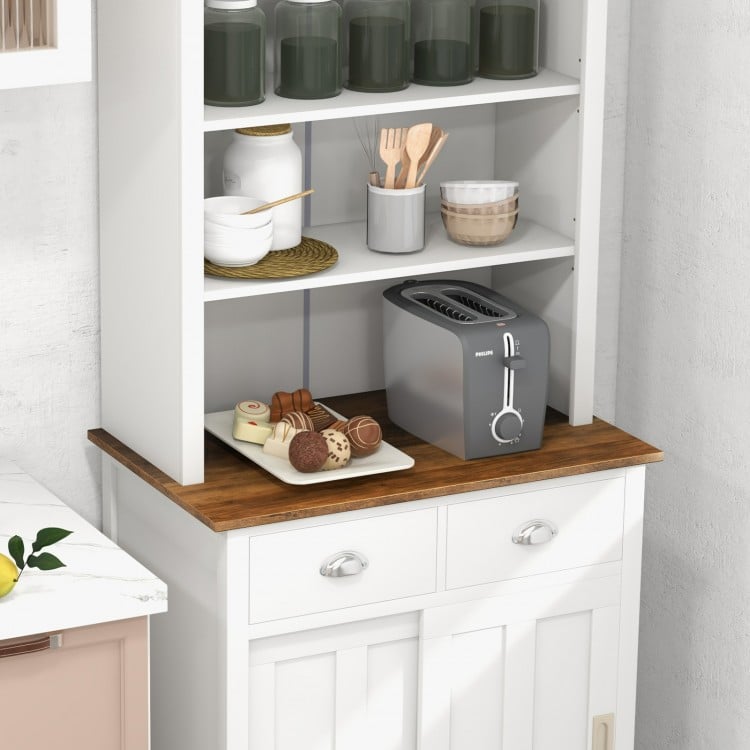 Freestanding Kitchen Pantry with Hutch Sliding Door and Drawer