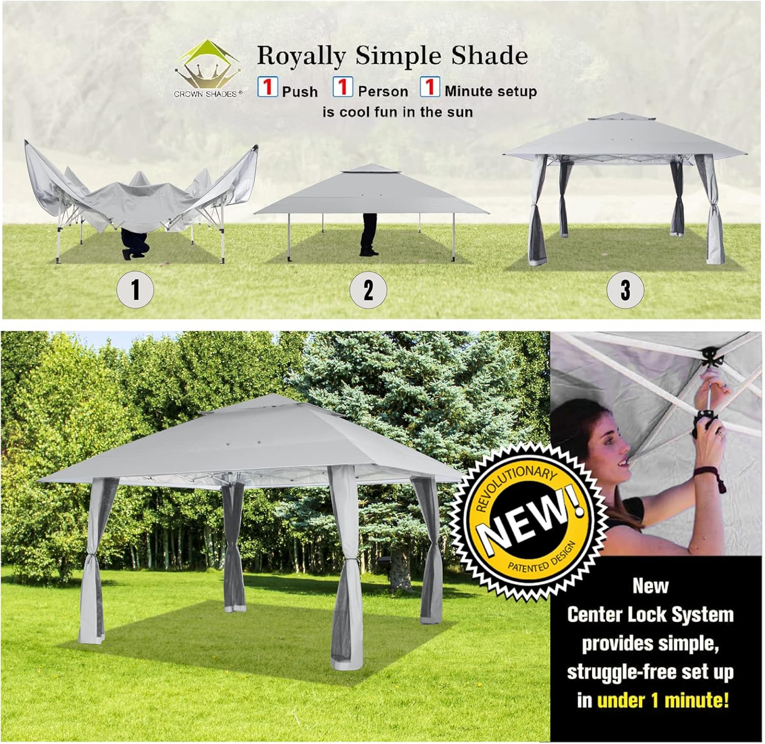 CROWN SHADES 13x13 Pop Up Gazebo, Canopy Tent, Gazebos on Clearance - Outdoor Gazebo for Backyard & Patio Furniture - Carpa Pop Up Tent with Wheeled STO-N-Go Cover Bag (White)