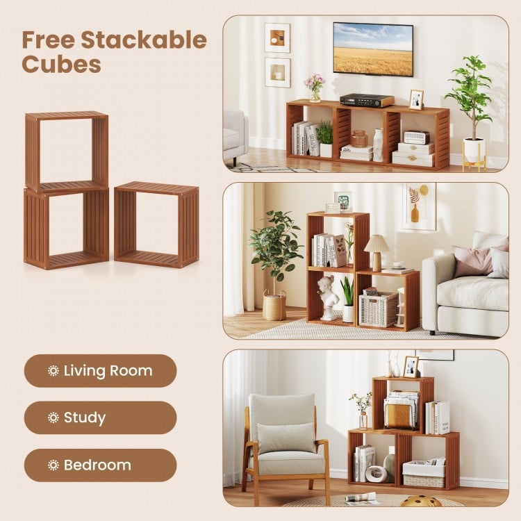 3 Cube Bookcases Solid Wood Stacking Storage Organizers with Open Slatted Design