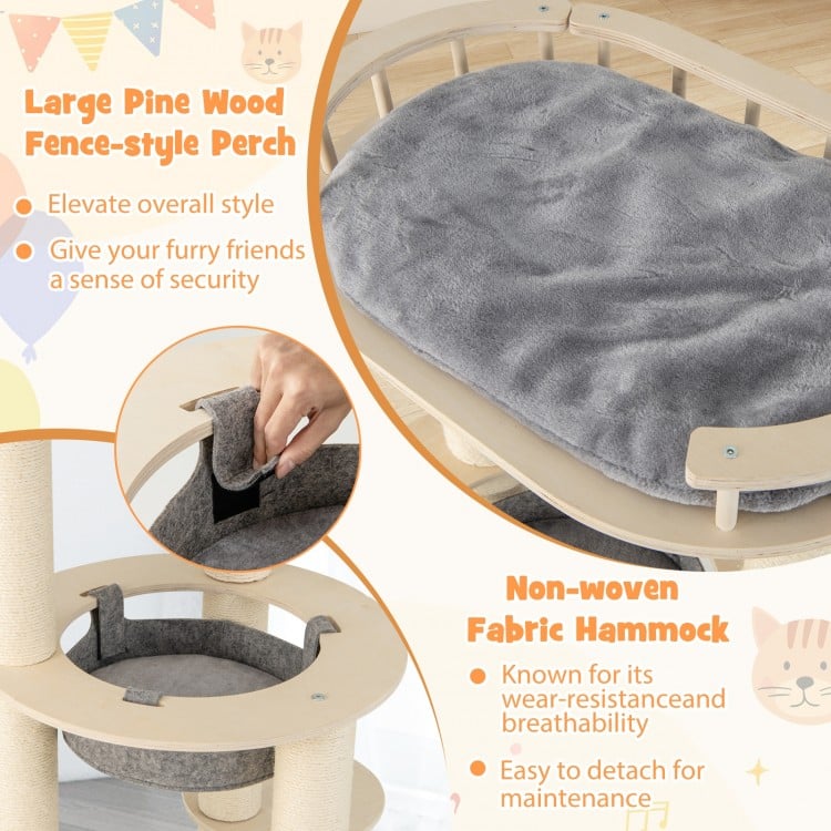 5-level Wooden Cat Tree with Padded Perch Non-woven Hammock