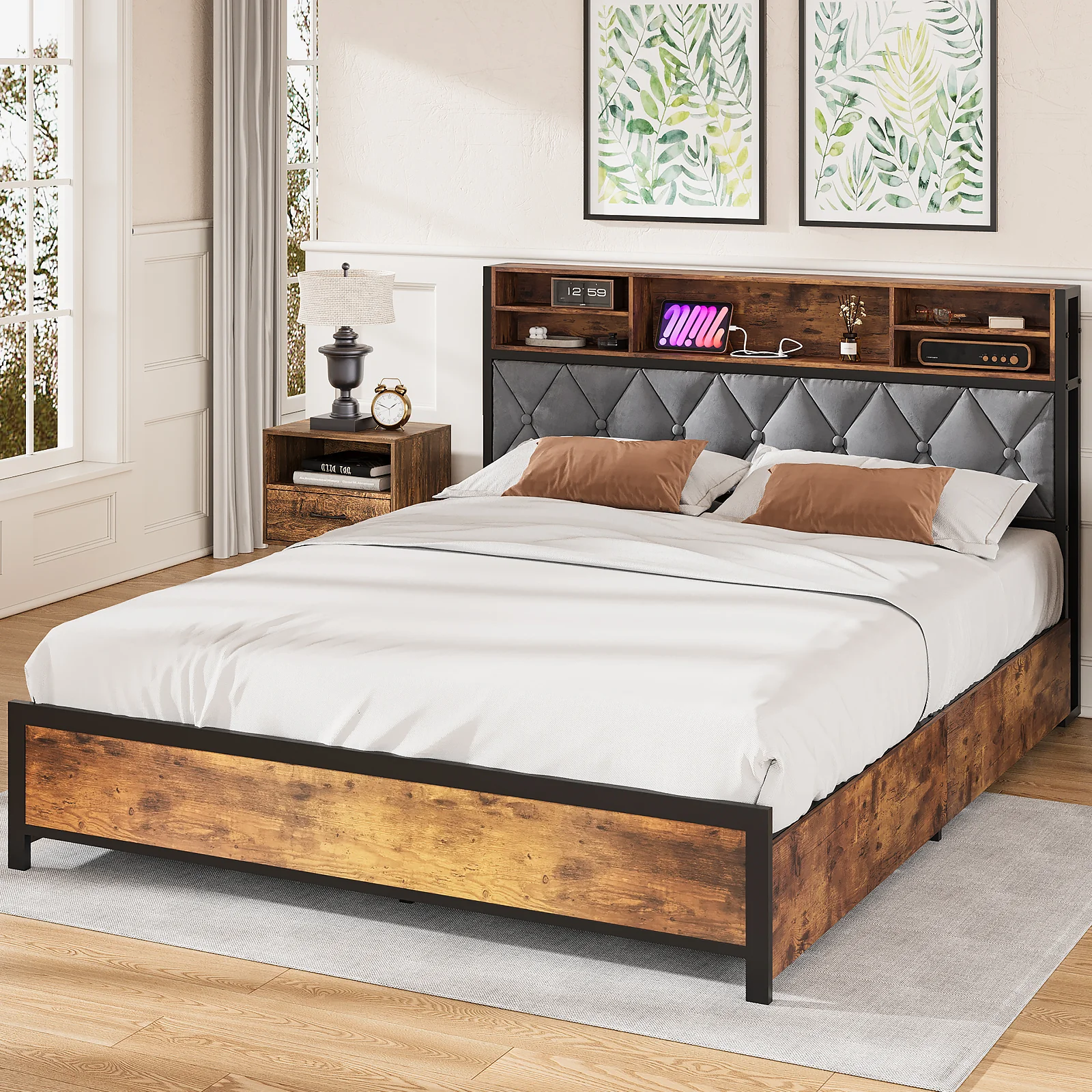 Bed Frame Queen Size with Charging Station