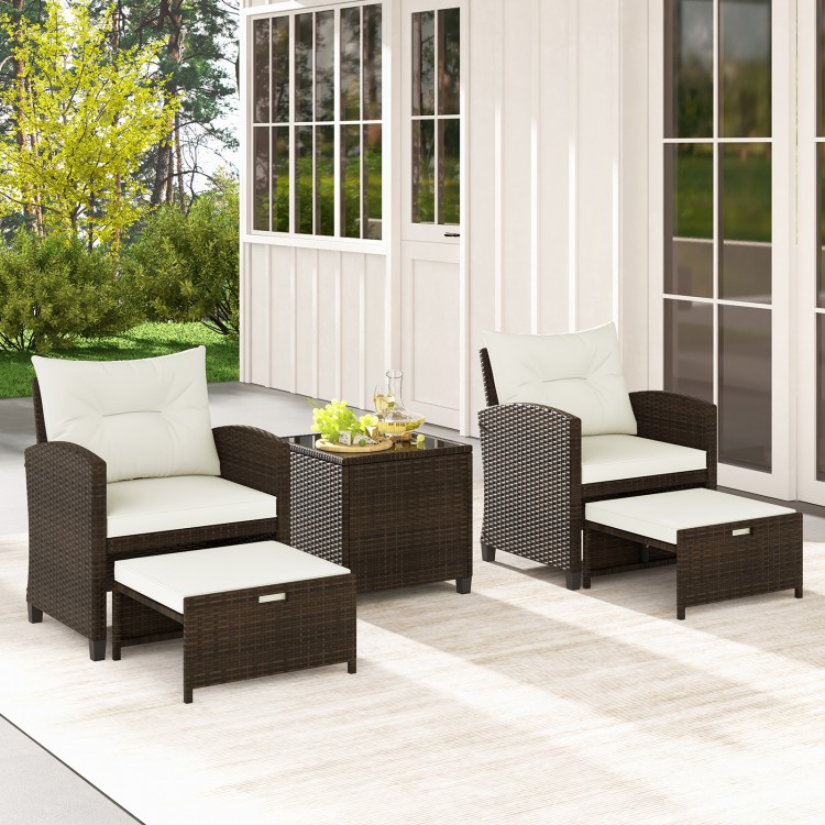 5 Pieces Patio Rattan Furniture with 2 Ottomans and Tempered Glass Coffee Table