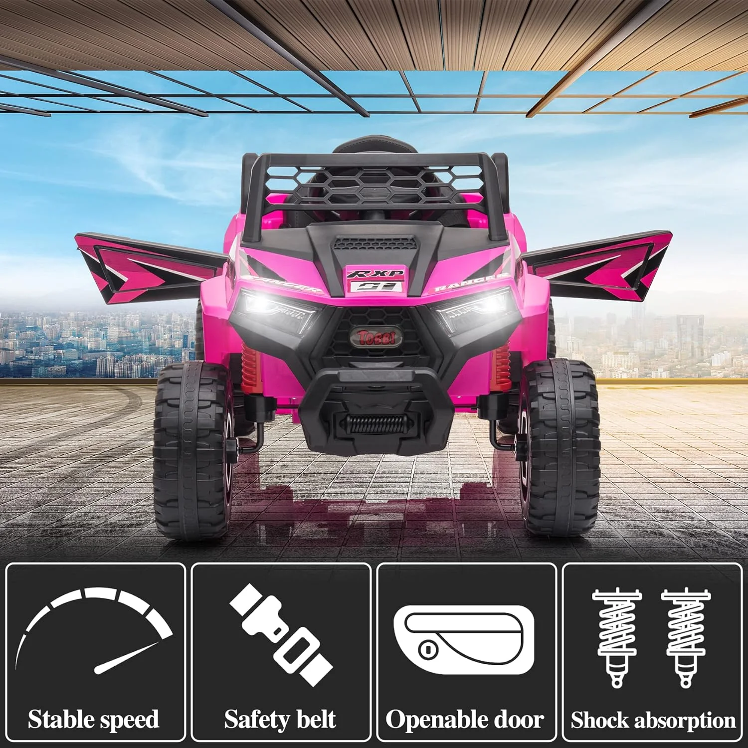 TOBBI 12V Kids Ride on Car, Electric Off-Road UTV Truck with Diverse Functions, Double Open Doors, Safety Belt, Horn, Music, and Lights for Kids Aged 3-5 Years (Rose Red)