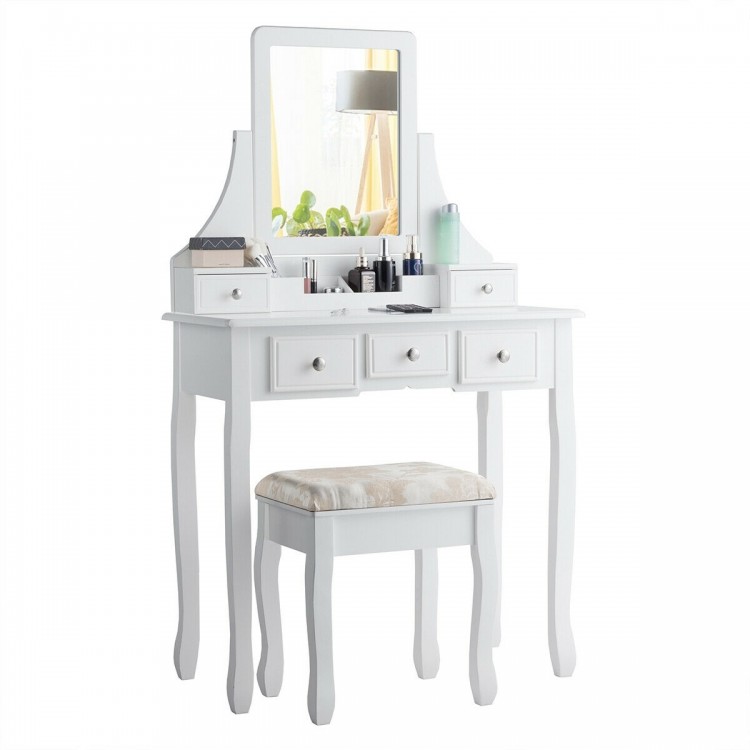 Makeup Vanity Set with Mirror and Cushioned Stool