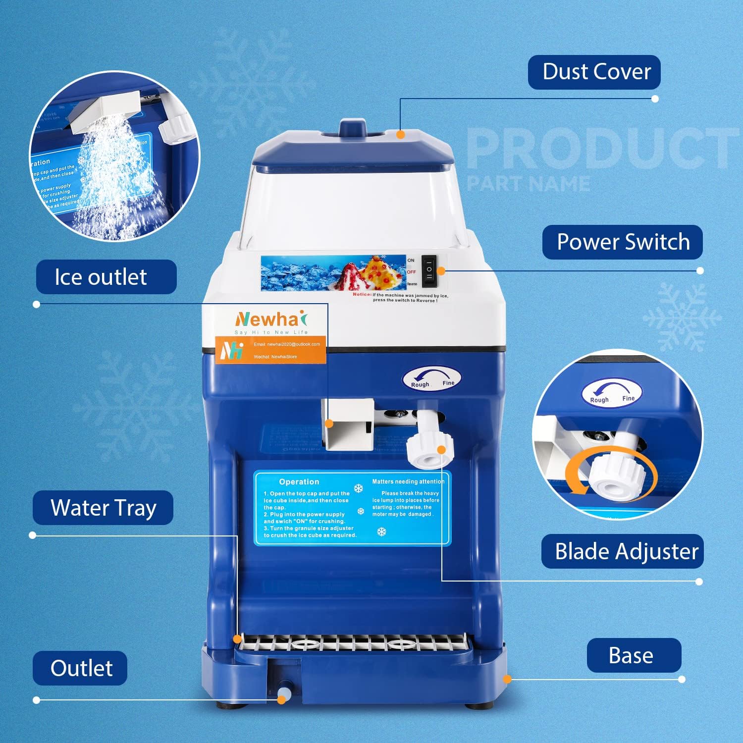 Newhai Commercial Ice Shredder 300W, Adjustable Thickness, 441 lb/h, Stainless Steel Snow Cone Machine