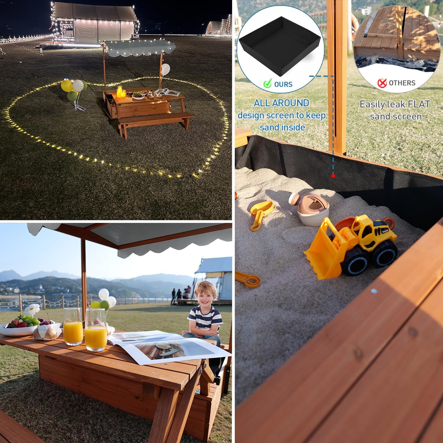 Wooden Kids Sandbox with Lid Outdoor Sand Box with Picnic Table Foldable, Sandpit with Cover Ages 4-8, Adjustable Canopy Bottom Liner for Backyard Garden