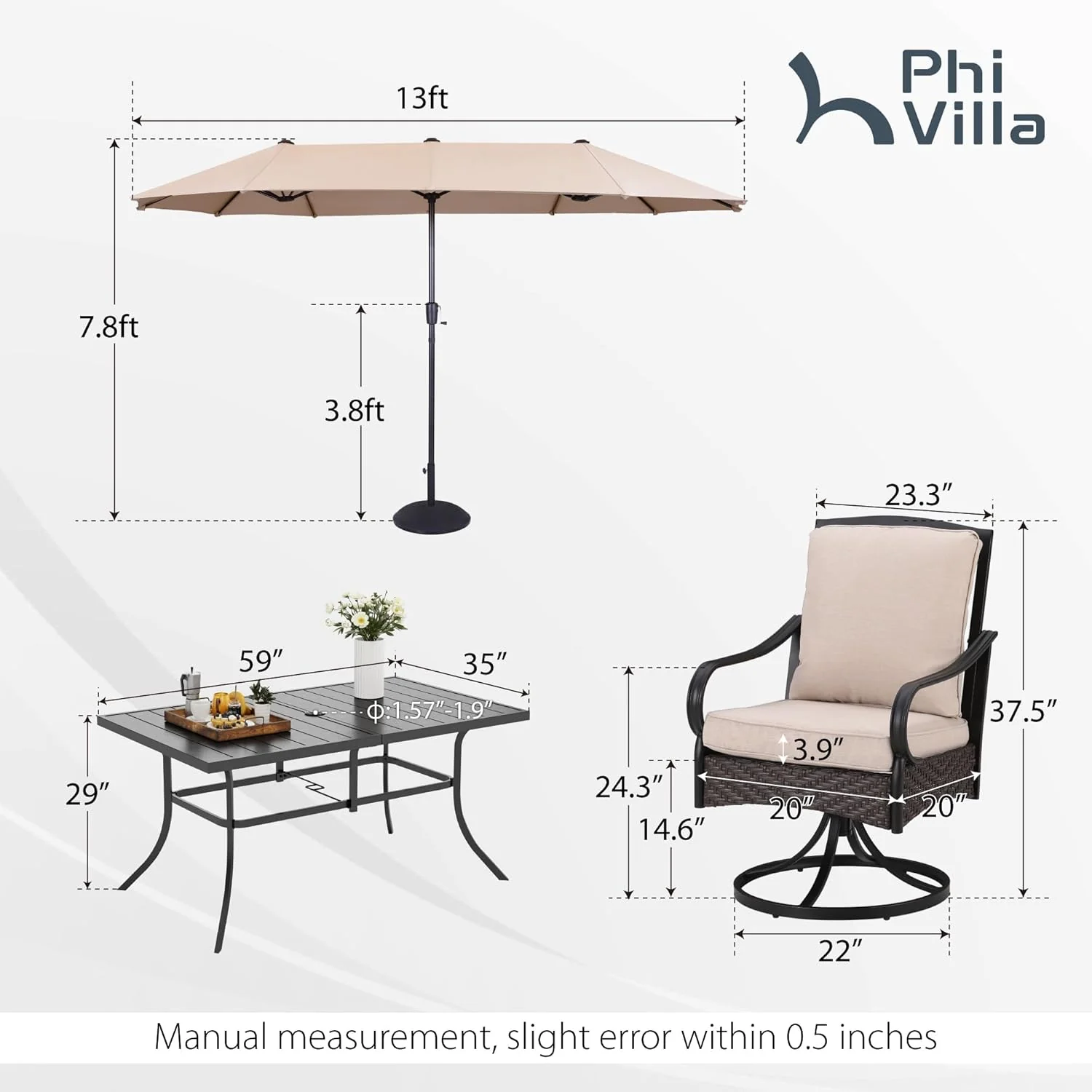 PHI VILLA 6-Piece Outdoor Dining Sets, All-Weather Patio Table and Chairs Set with Umbrella for 4, Heavy Duty Patio Round Table Set for Deck, 4 Extra Large Outdoor Swivel Chairs with Thick Cushions