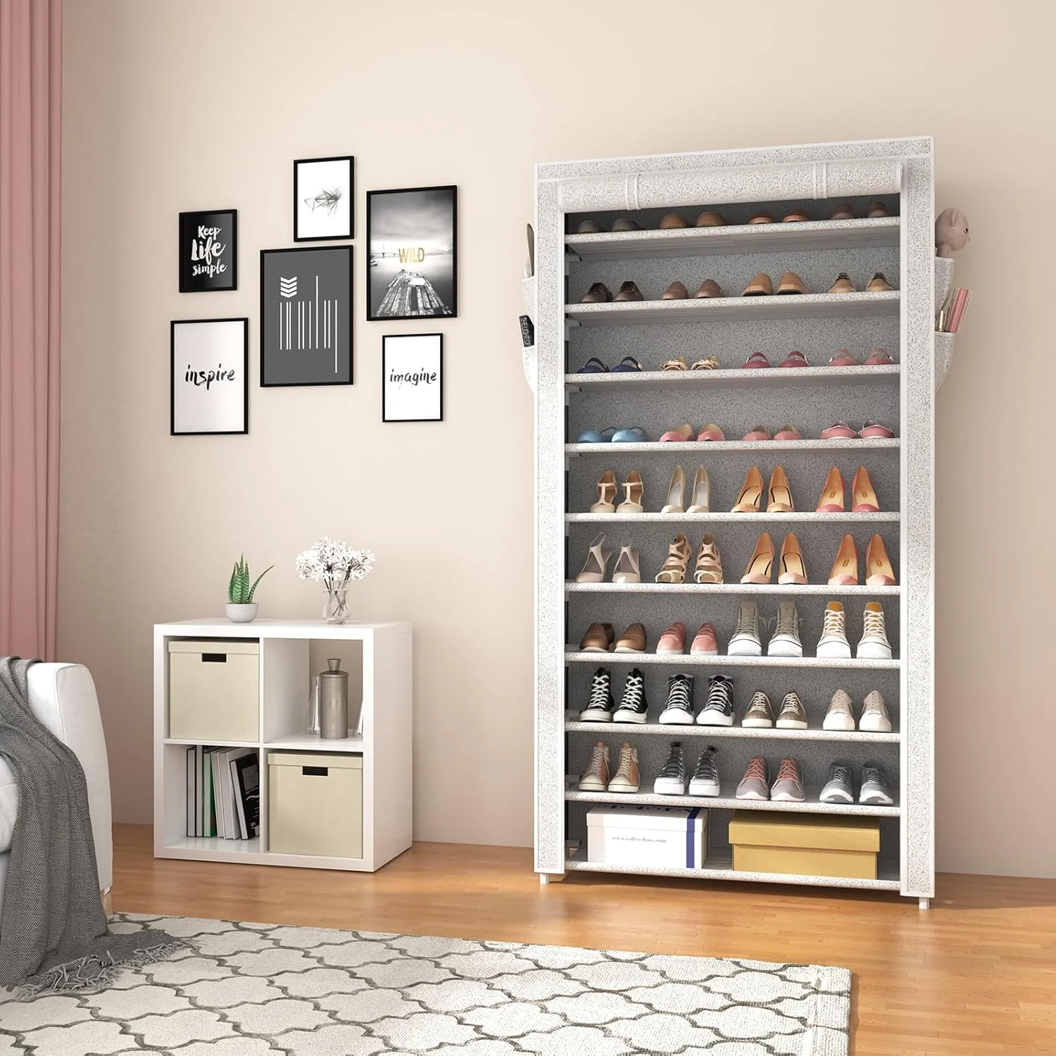 ROJASOP 10 Tier Shoe Rack with Covers,Large Capacity Stackable Tall Shoe Shelf Storage to 50-55 Pairs Shoes and Boots Sturdy Metal Free Standing Shoe Rack Organizer for Closet Entryway Garage