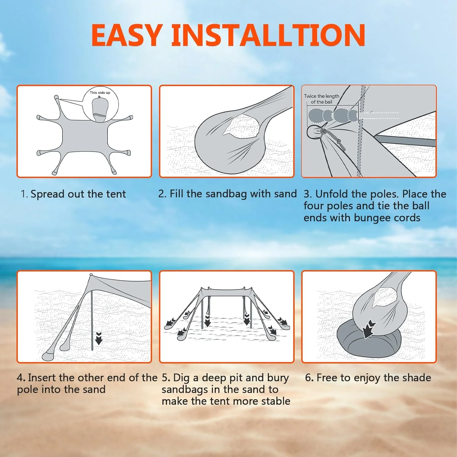 Beach Tent Sun Shelter, 10 x 10 FT Beach Canopy Tent Sun Shade Heavy Duty, UPF50+ Beach Tent Canopy with 8 Sandbags & 4 Stability Poles, Outdoor Beach Shade Canopy for Camping and Fishing, Blue