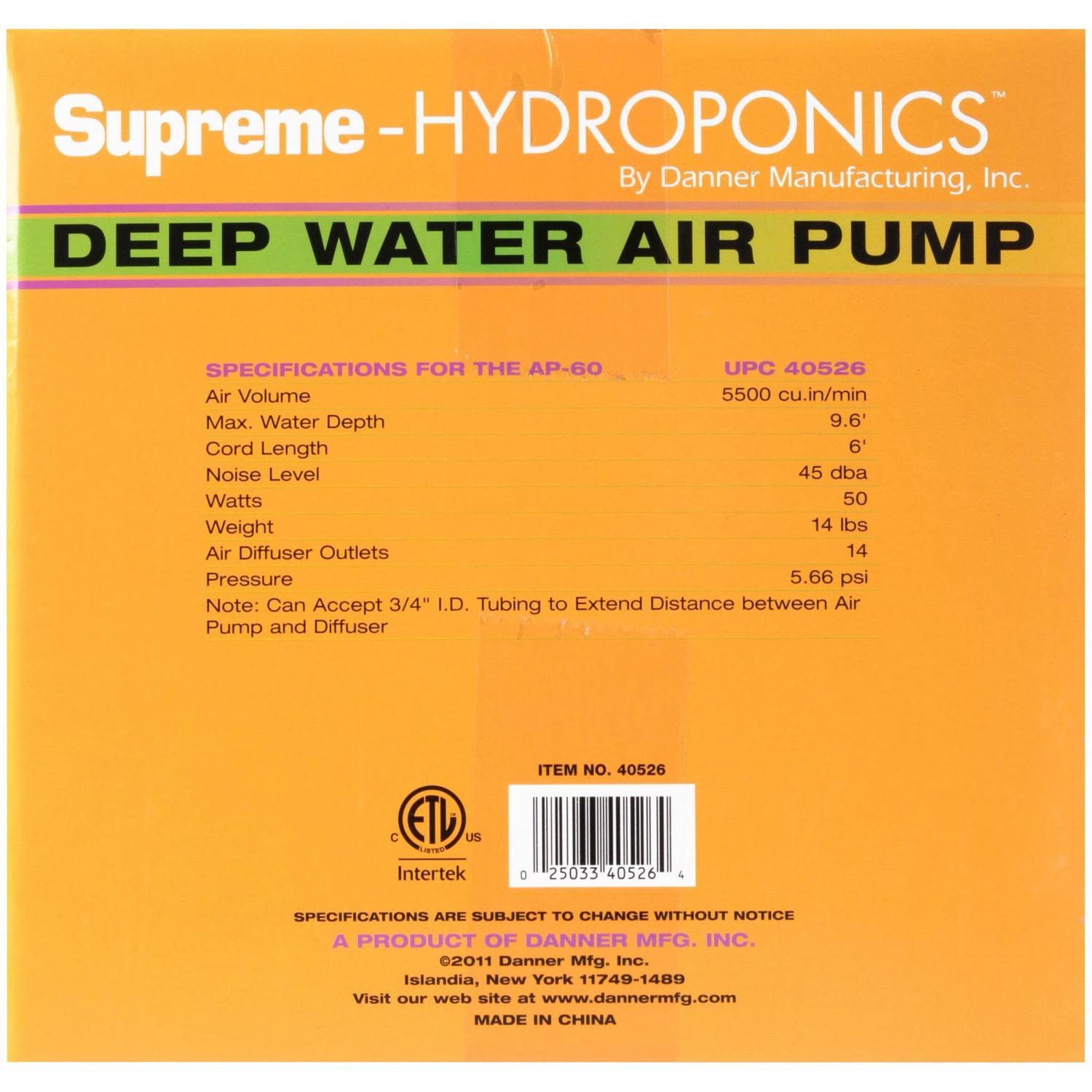 Danner Supreme-Hydroponics AP-60 Deep Water Air Pump, Energy-Efficient, Quiet Operation, Includes Air Diffuser